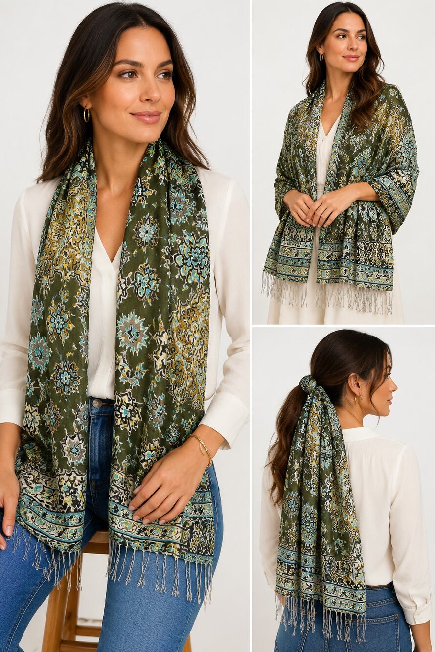 Tolani 100% Silk Scarf Olive Green Aqua Floral Paisley Boho Fringe 28x84